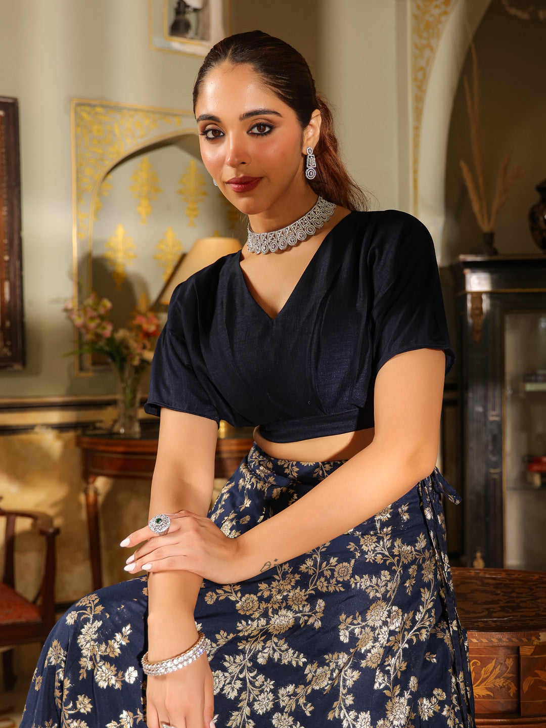 Navy Blue Silk Blend Brocade Panelled Lehenga Choli Set