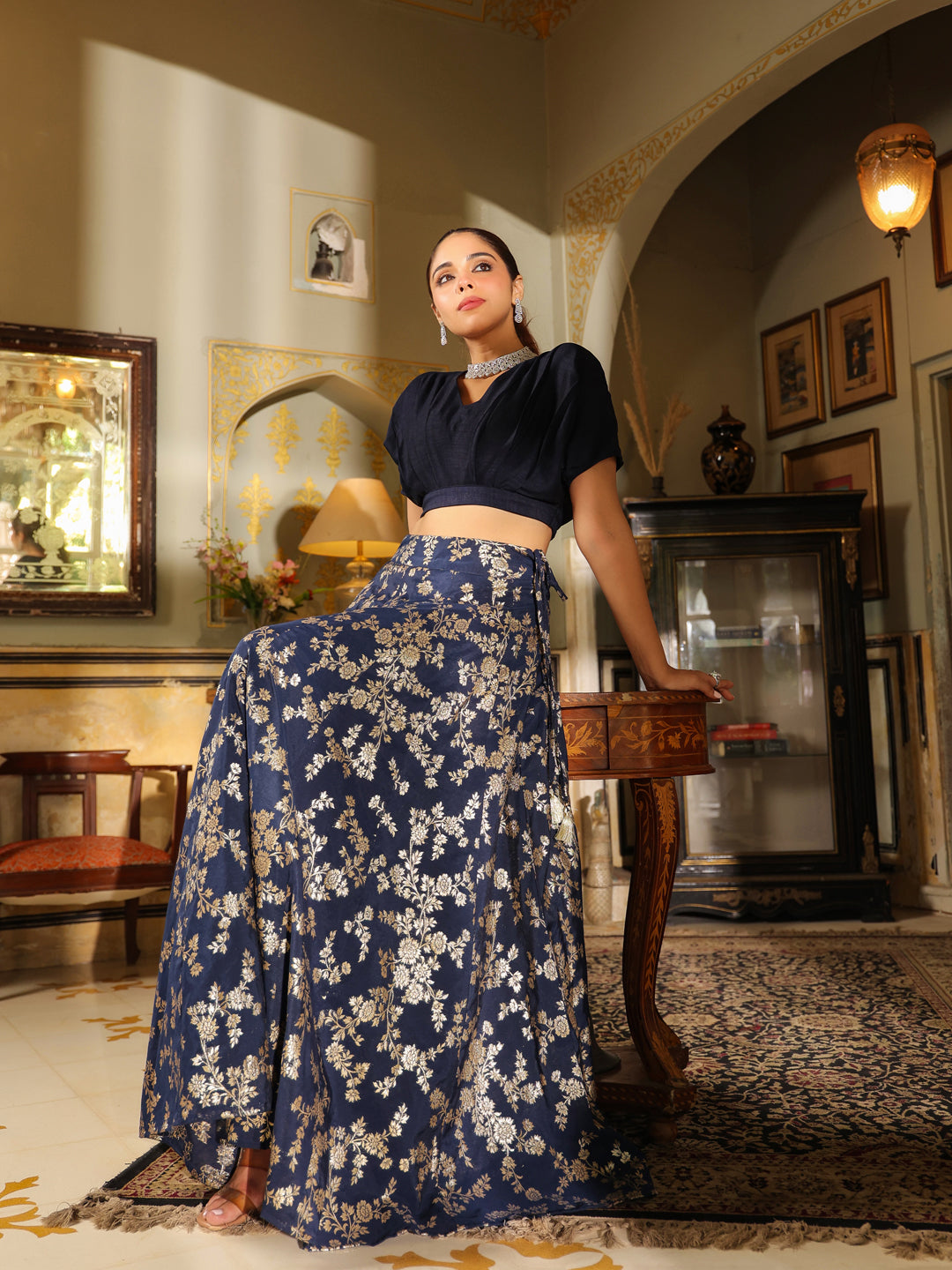 Navy Blue Silk Blend Brocade Panelled Lehenga Choli Set