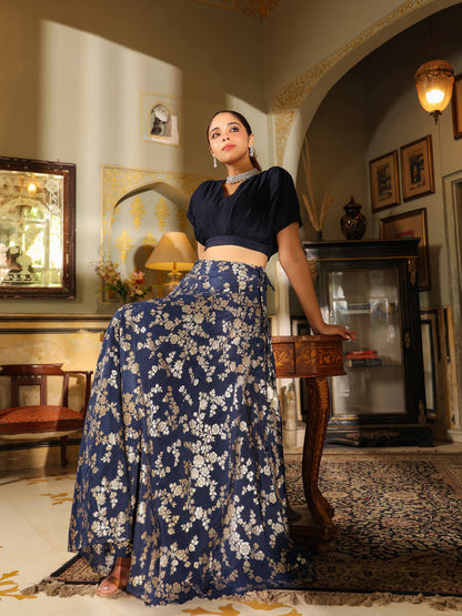 Navy Blue Silk Blend Brocade Panelled Lehenga Choli Set