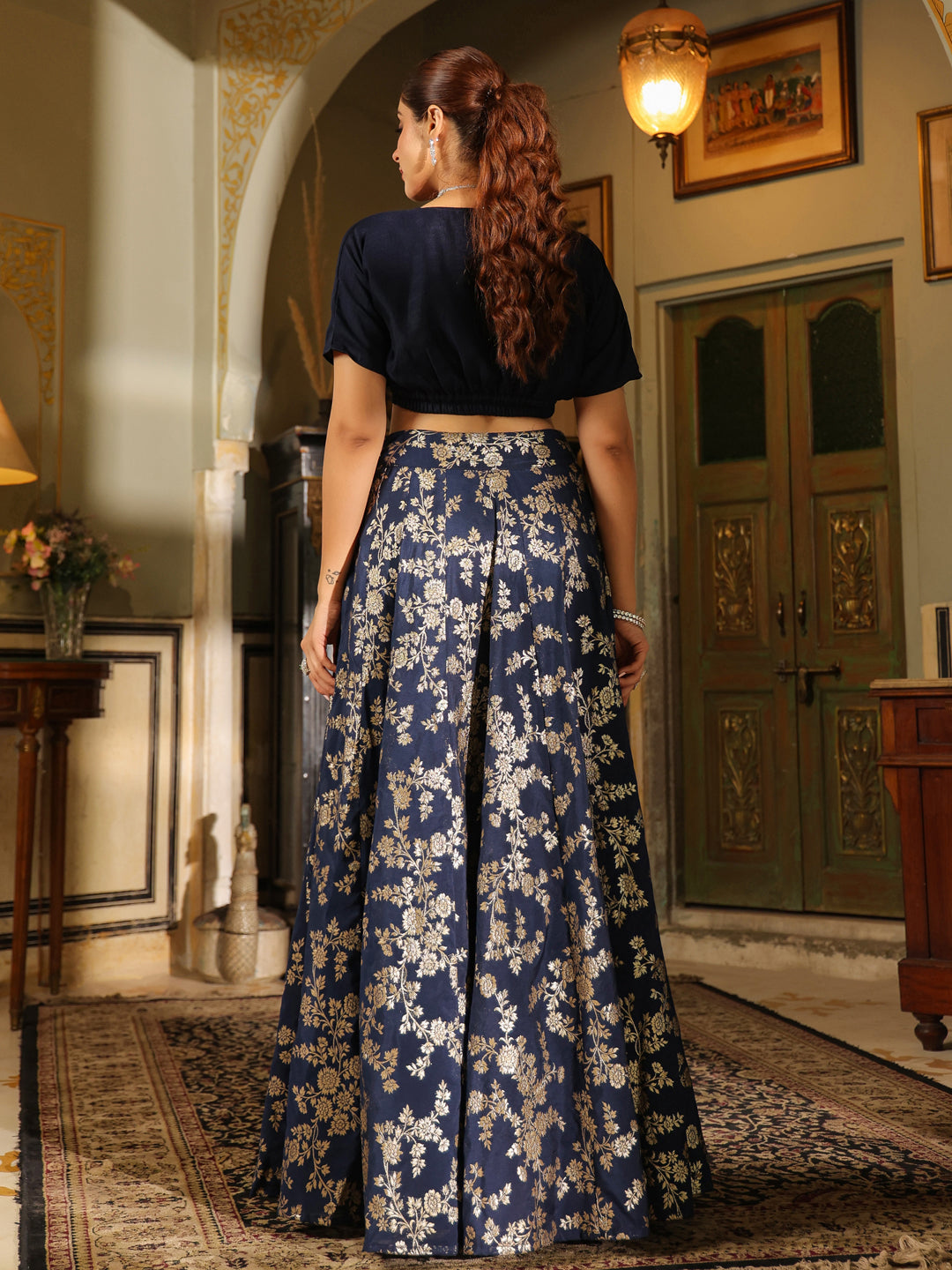 Navy Blue Silk Blend Brocade Panelled Lehenga Choli Set