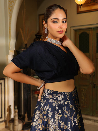 Navy Blue Silk Blend Brocade Panelled Lehenga Choli Set