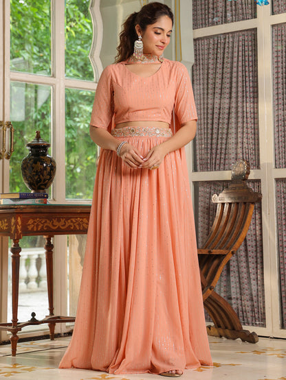 Peach Georgette Foil Printed Gathered Embellished Lehenga Choli Set