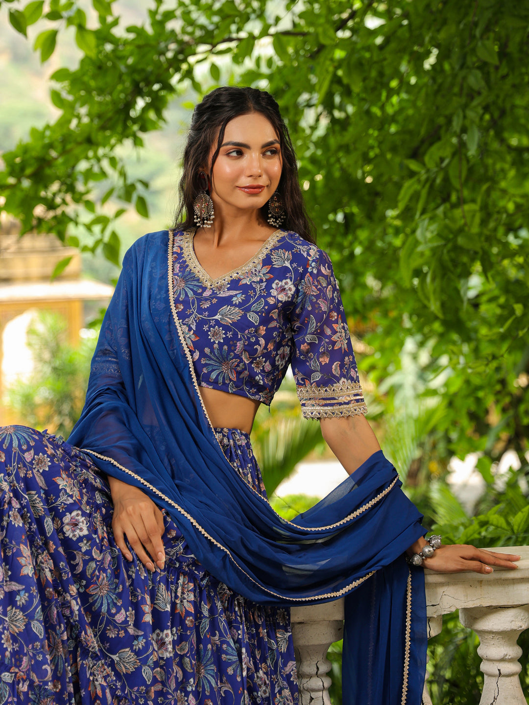 Blue Georgette Floral Printed Tiered Lehenga Choli Set