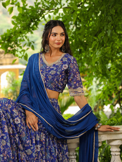 Blue Georgette Floral Printed Tiered Lehenga Choli Set