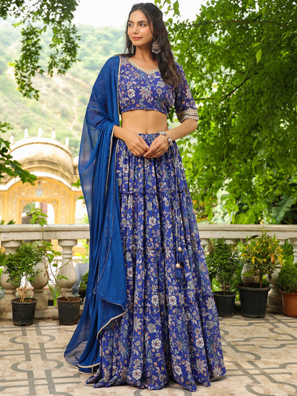 Blue Georgette Floral Printed Tiered Lehenga Choli Set