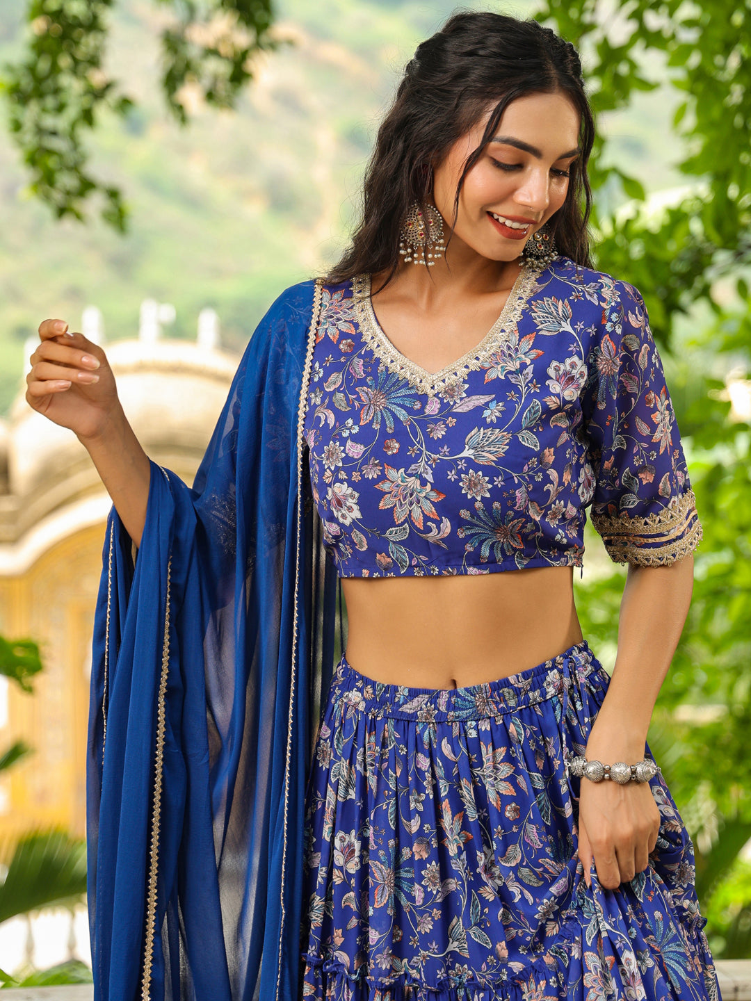 Blue Georgette Floral Printed Tiered Lehenga Choli Set