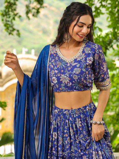 Blue Georgette Floral Printed Tiered Lehenga Choli Set