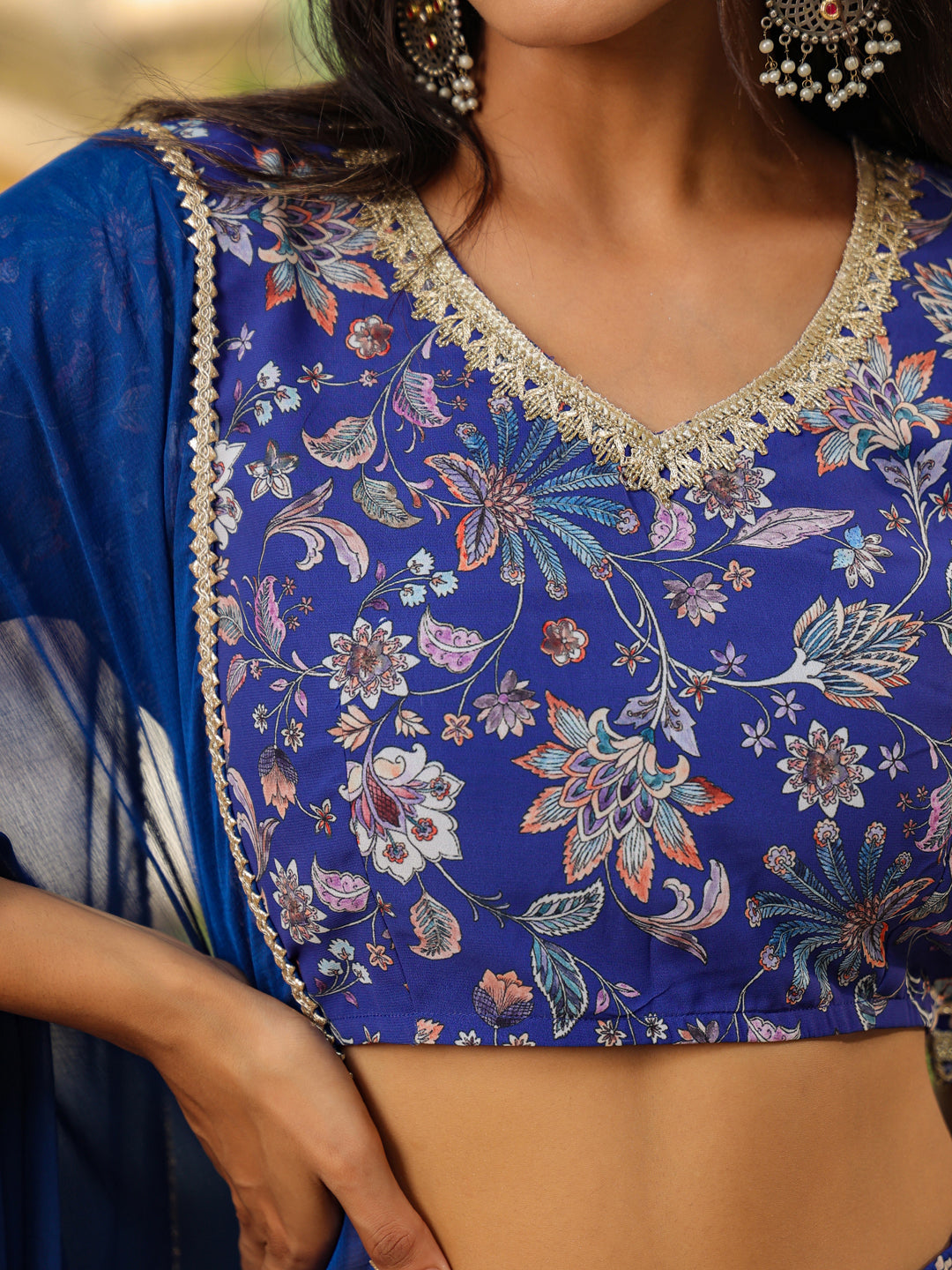 Blue Georgette Floral Printed Tiered Lehenga Choli Set