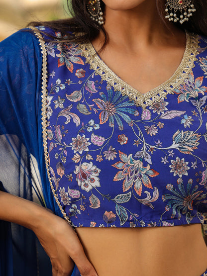 Blue Georgette Floral Printed Tiered Lehenga Choli Set