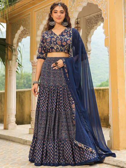 Dark Blue Pure Cotton Ethnic Motifs Printed Tiered Lehenga Choli Set