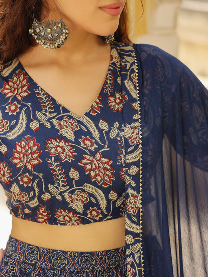 Dark Blue Pure Cotton Ethnic Motifs Printed Tiered Lehenga Choli Set