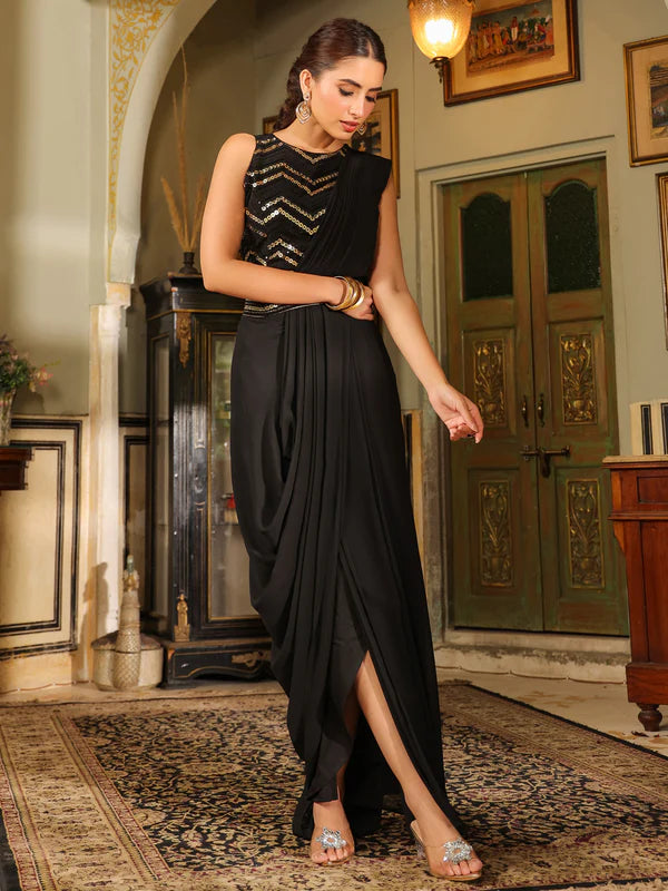 Black Georgette Sequined Ready To Wear Belted Saree With Blouse