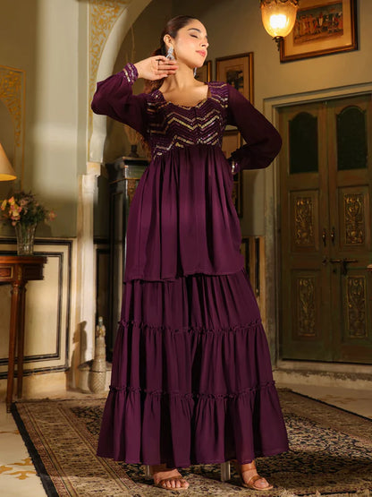 Purple Georgette Sequined Front Slit Peplum Sharara Set