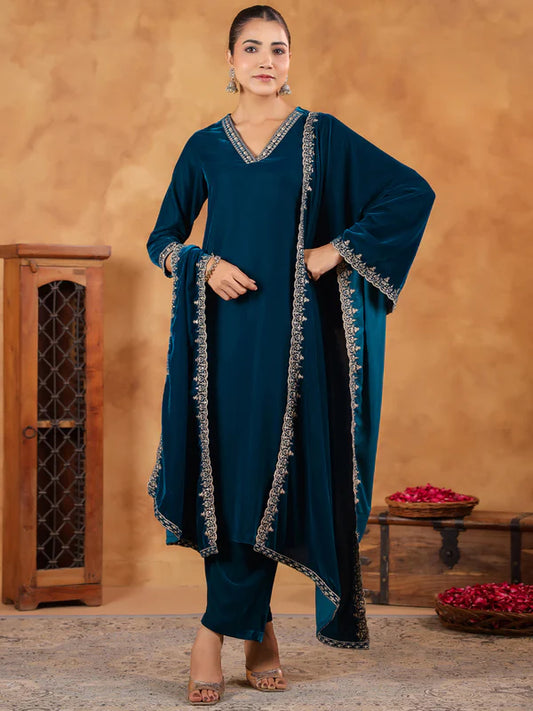 Teal Blue Velvet Zari Embroidered Straight Kurta Set