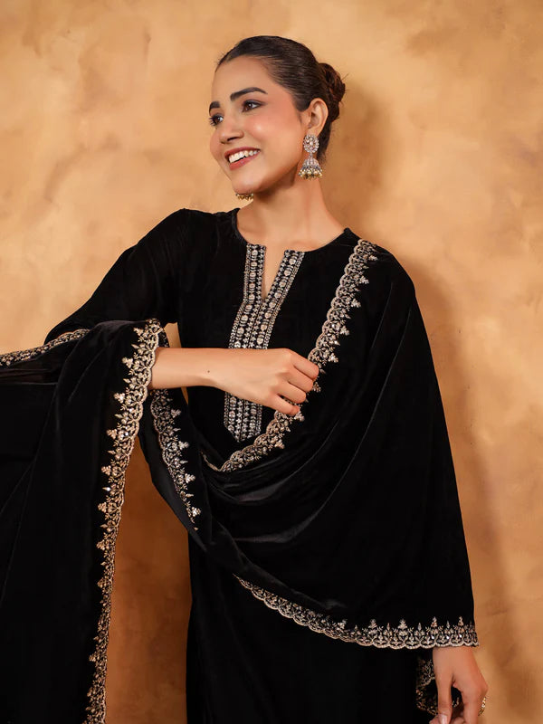 Black Velvet Zari Embroidered Straight Kurta Set