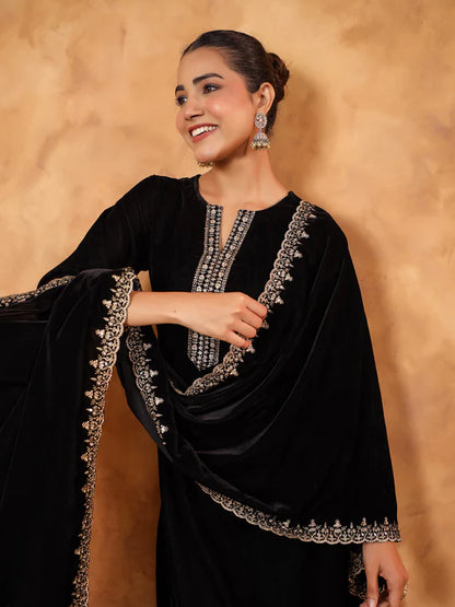 Black Velvet Zari Embroidered Straight Kurta Set