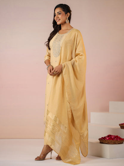 Beige Silk Blend Embroidered Straight Kurta Set