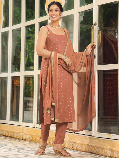 Rust Rayon Foil Printed Straight Kurta Set