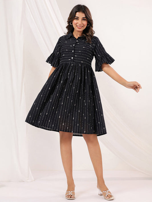 Women's Black Cotton Abstract Printed A line Dress