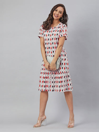 White Pure Cotton Ikkat Printed A-line Dress
