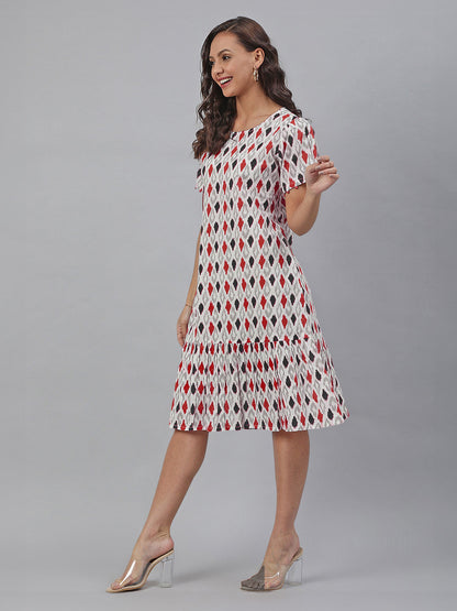 White Pure Cotton Ikkat Printed A-line Dress