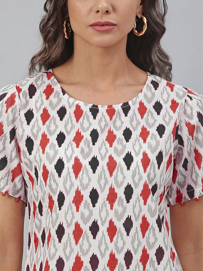 White Pure Cotton Ikkat Printed A-line Dress
