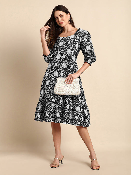Black Pure Cotton Floral Printed A-line Dress