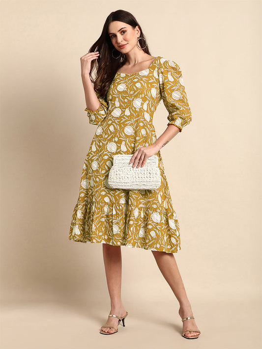 Mustard Pure Cotton Floral Printed A-line Dress