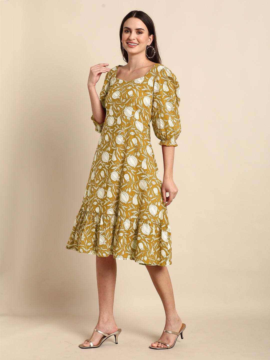Mustard Pure Cotton Floral Printed A-line Dress