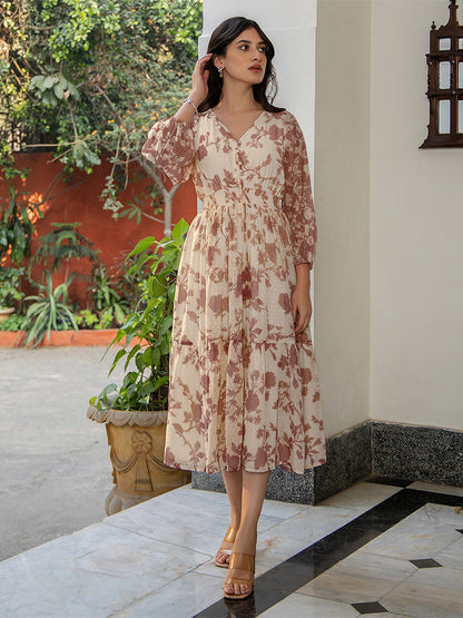 Brown Dobby Georgette Floral Printed Fit & Flare Dress