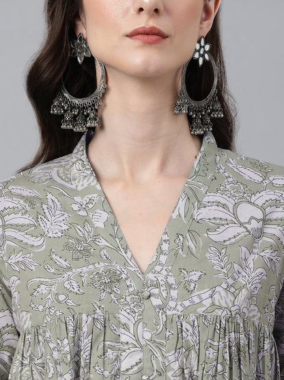 Light Green Pure Cotton Floral Printed Flared Kurta