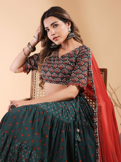 Dark Green Pure Cotton Ethnic Motifs Tiered Lehenga Choli With Dupatta Set