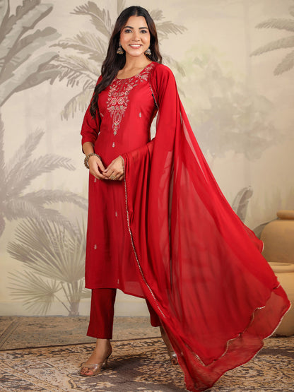 Maroon Chanderi Silk Embroidered Straight Kurta Set
