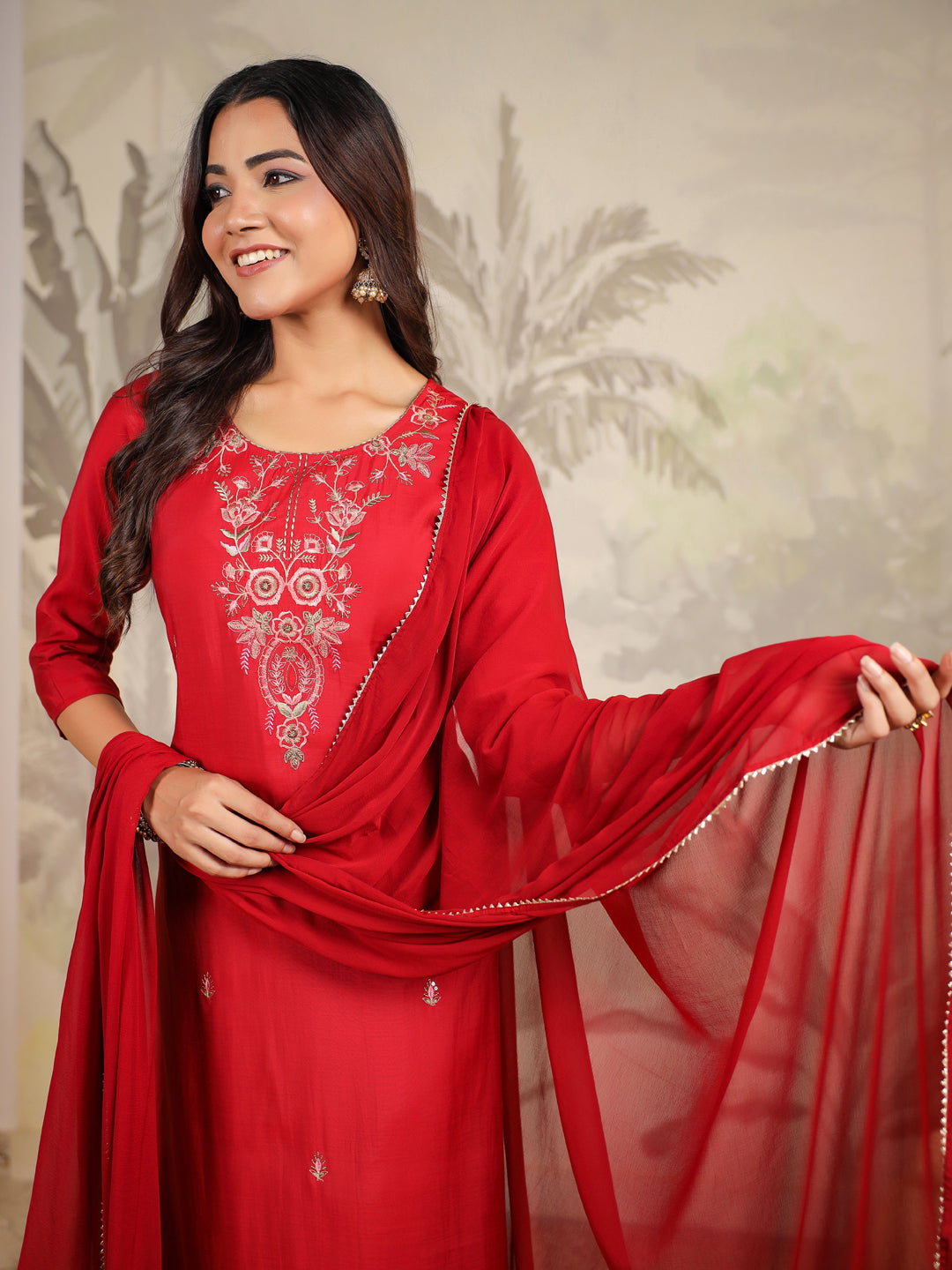 Maroon Chanderi Silk Embroidered Straight Kurta Set