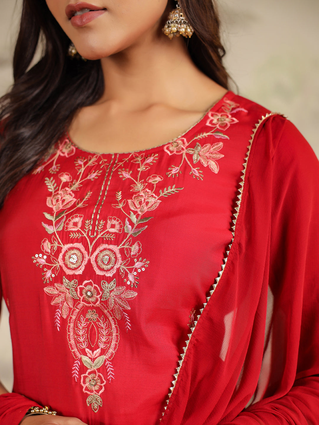 Maroon Chanderi Silk Embroidered Straight Kurta Set
