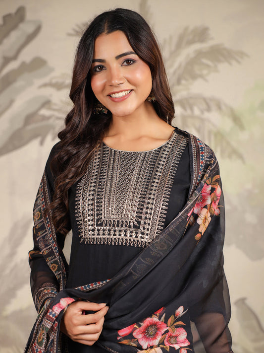 Black Chanderi Silk Yoke Embroidery Straight Kurta With Pant & Dupatta Set