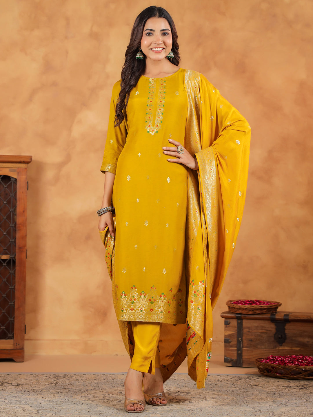 Mustard Silk Blend Jacquard Paithani Style Straight Kurta Set