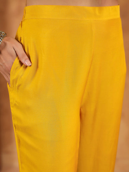 Mustard Silk Blend Jacquard Paithani Style Straight Kurta Set