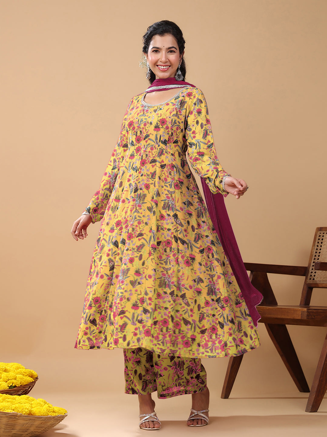 Mustard Georgette Floral Printed Anarkali Kurta With Palazzo And Dupatta Set