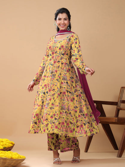 Mustard Georgette Floral Printed Anarkali Kurta With Palazzo And Dupatta Set