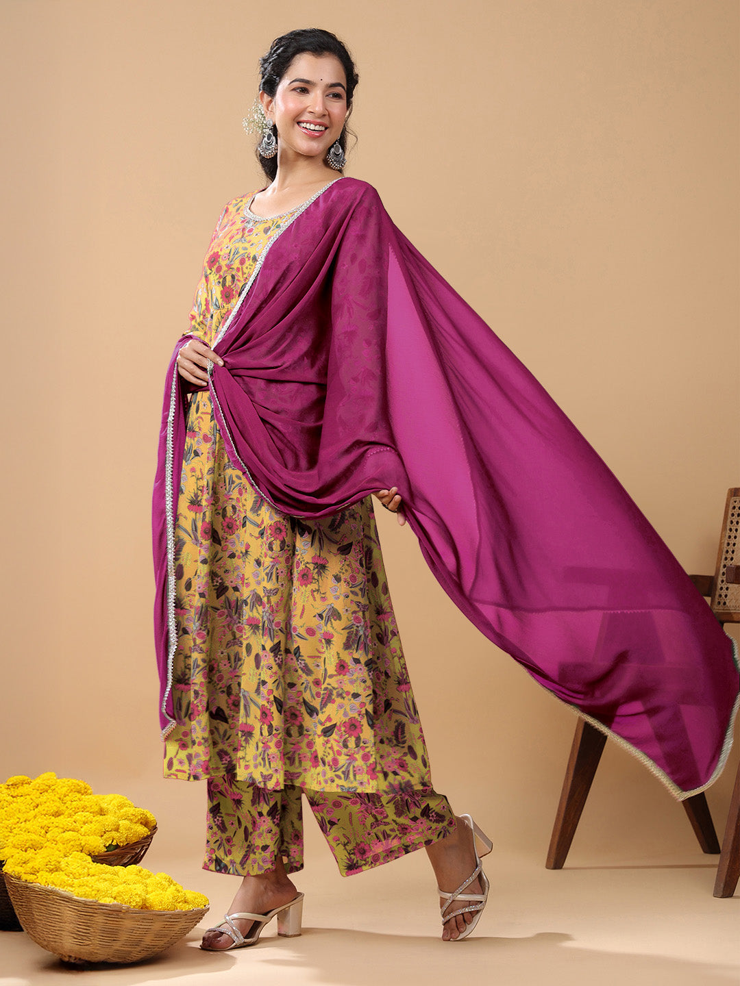 Mustard Georgette Floral Printed Anarkali Kurta With Palazzo And Dupatta Set