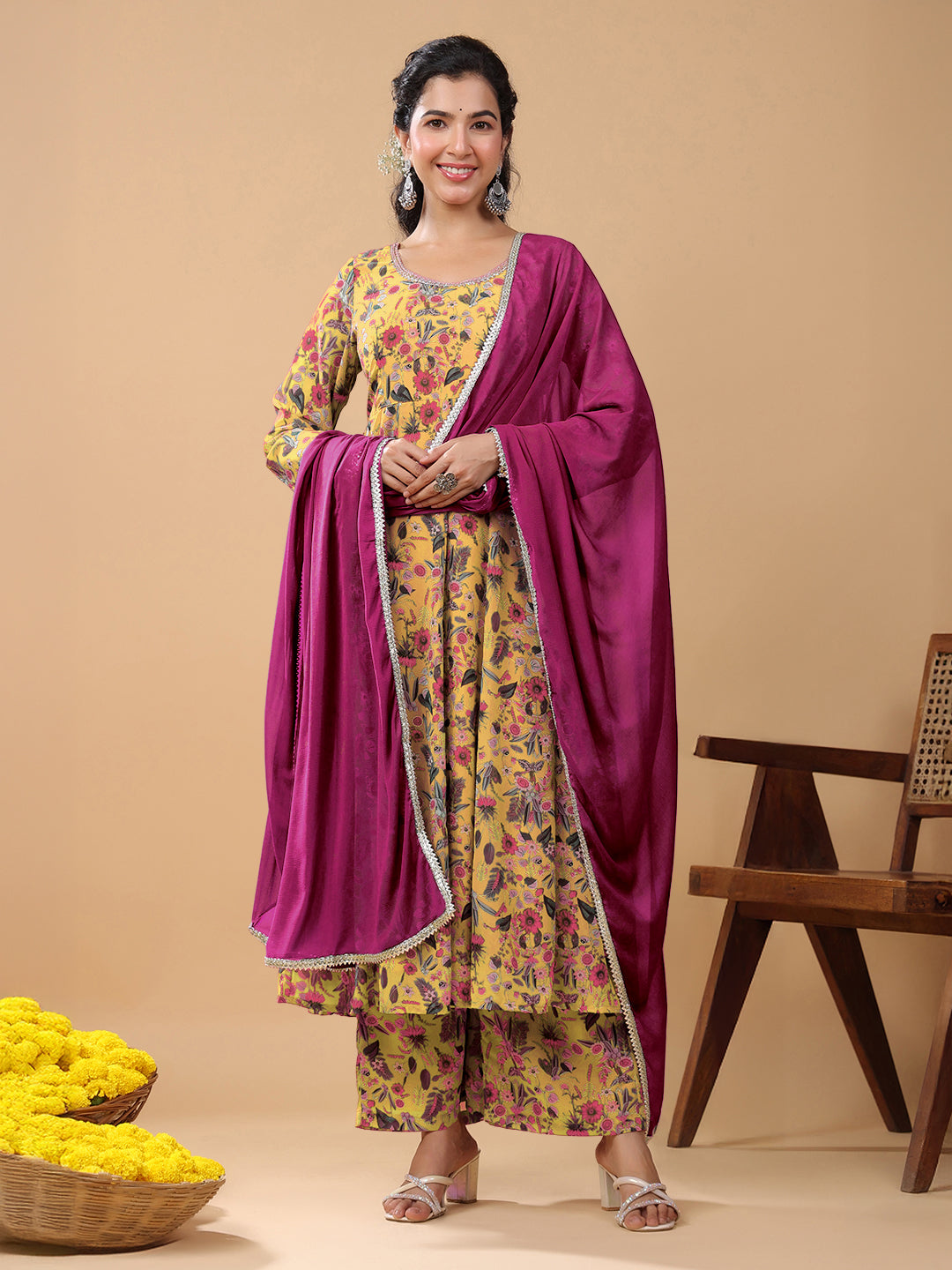 Mustard Georgette Floral Printed Anarkali Kurta With Palazzo And Dupatta Set