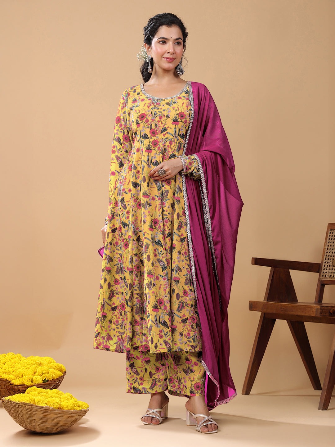 Mustard Georgette Floral Printed Anarkali Kurta With Palazzo And Dupatta Set