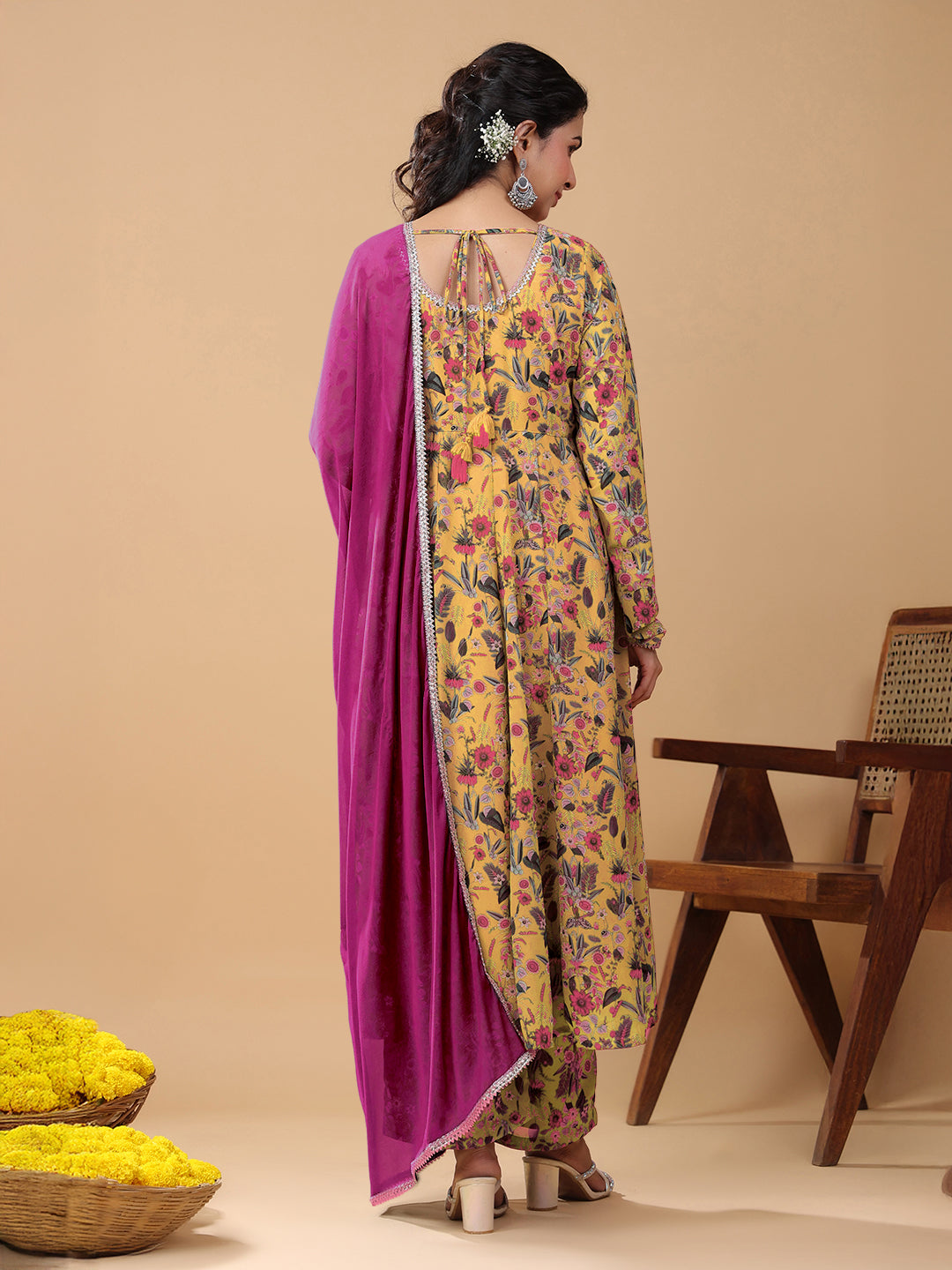 Mustard Georgette Floral Printed Anarkali Kurta With Palazzo And Dupatta Set