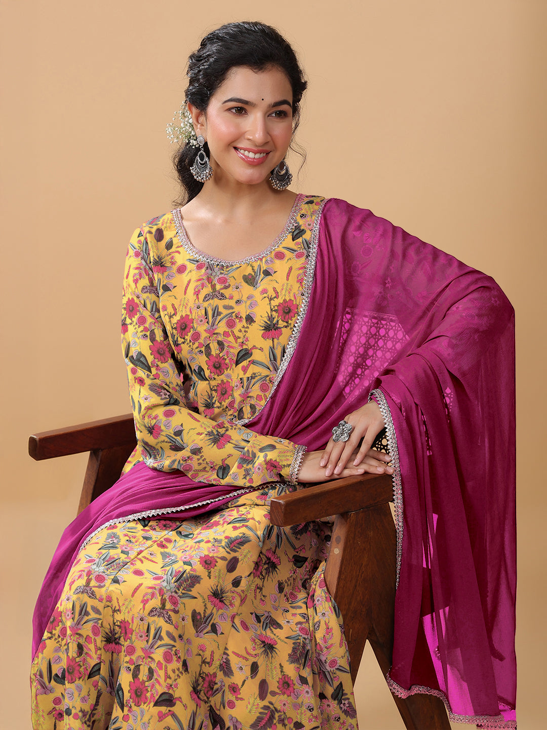 Mustard Georgette Floral Printed Anarkali Kurta With Palazzo And Dupatta Set