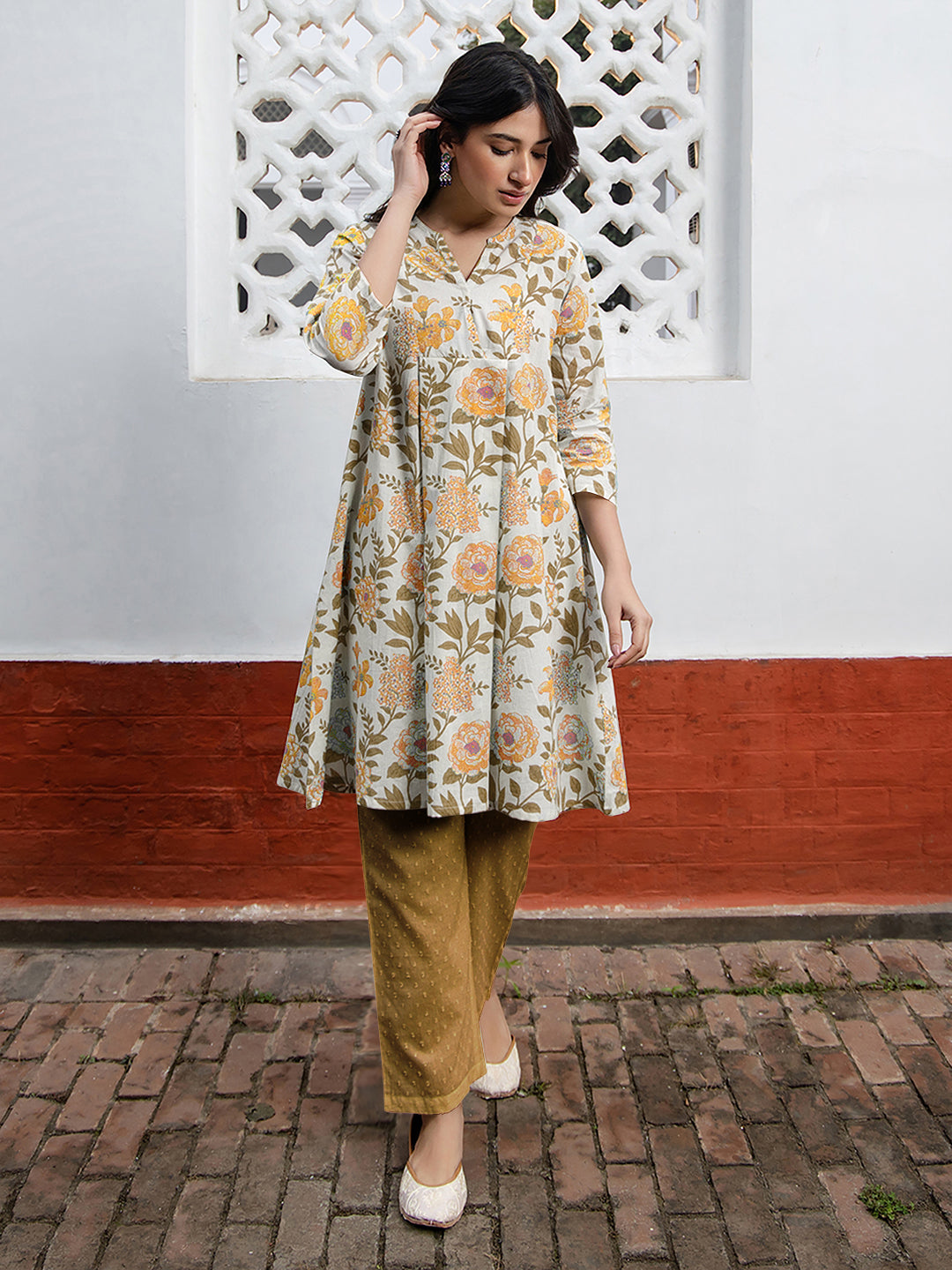 Off White Pure Cotton Floral Printed A-line Tunic