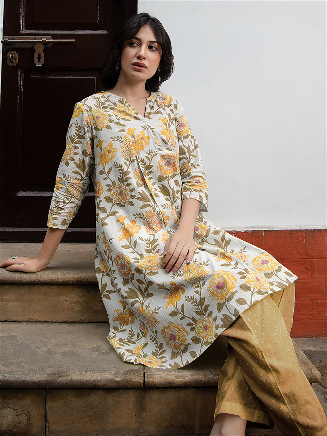 Off White Pure Cotton Floral Printed A-line Tunic