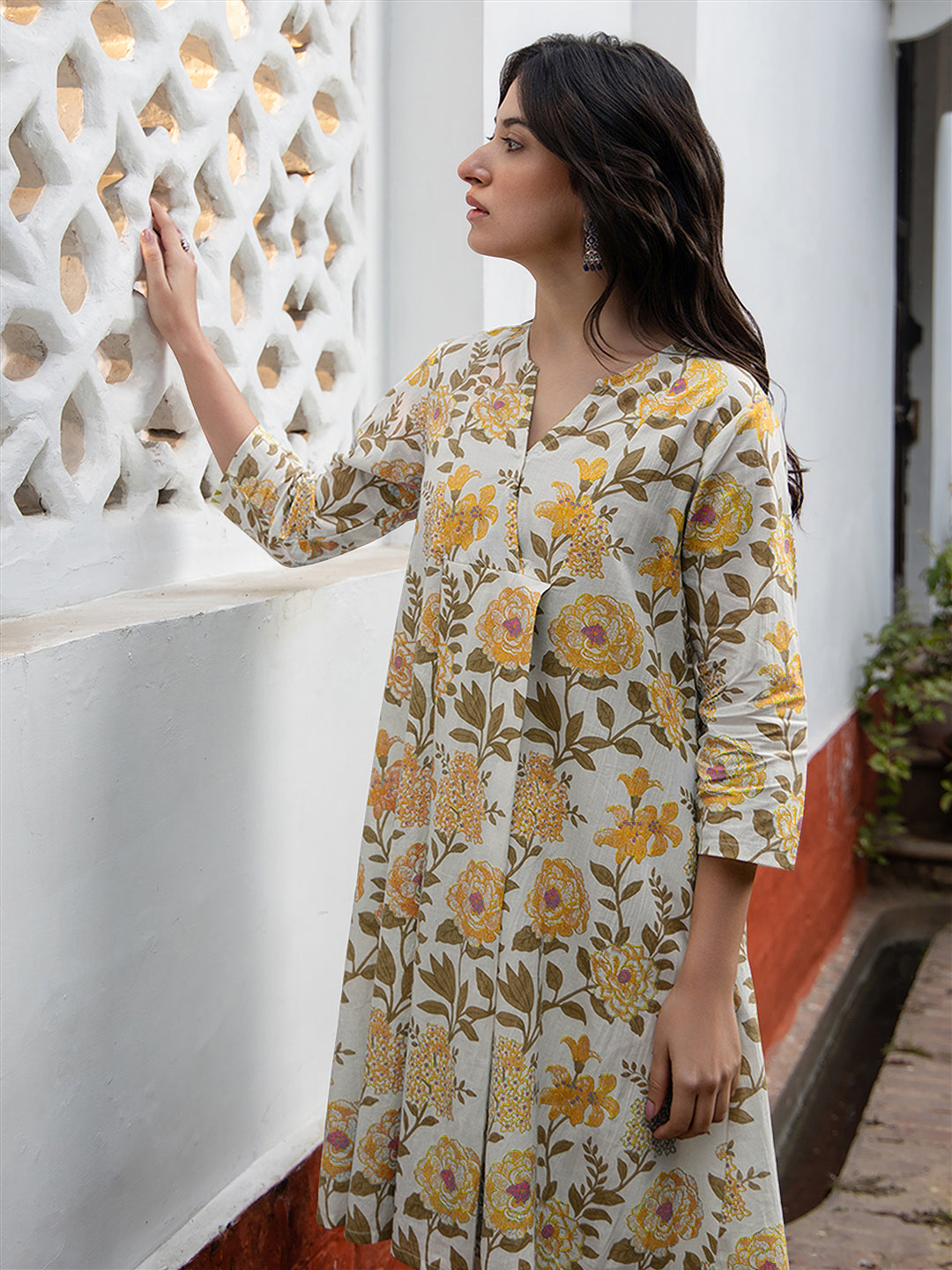 Off White Pure Cotton Floral Printed A-line Tunic