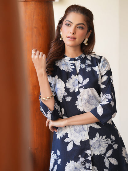 Navy Blue Pure Cotton Floral Printed A-line Co-ord Set