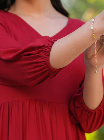 Red Rayon Solid Tiered Dress